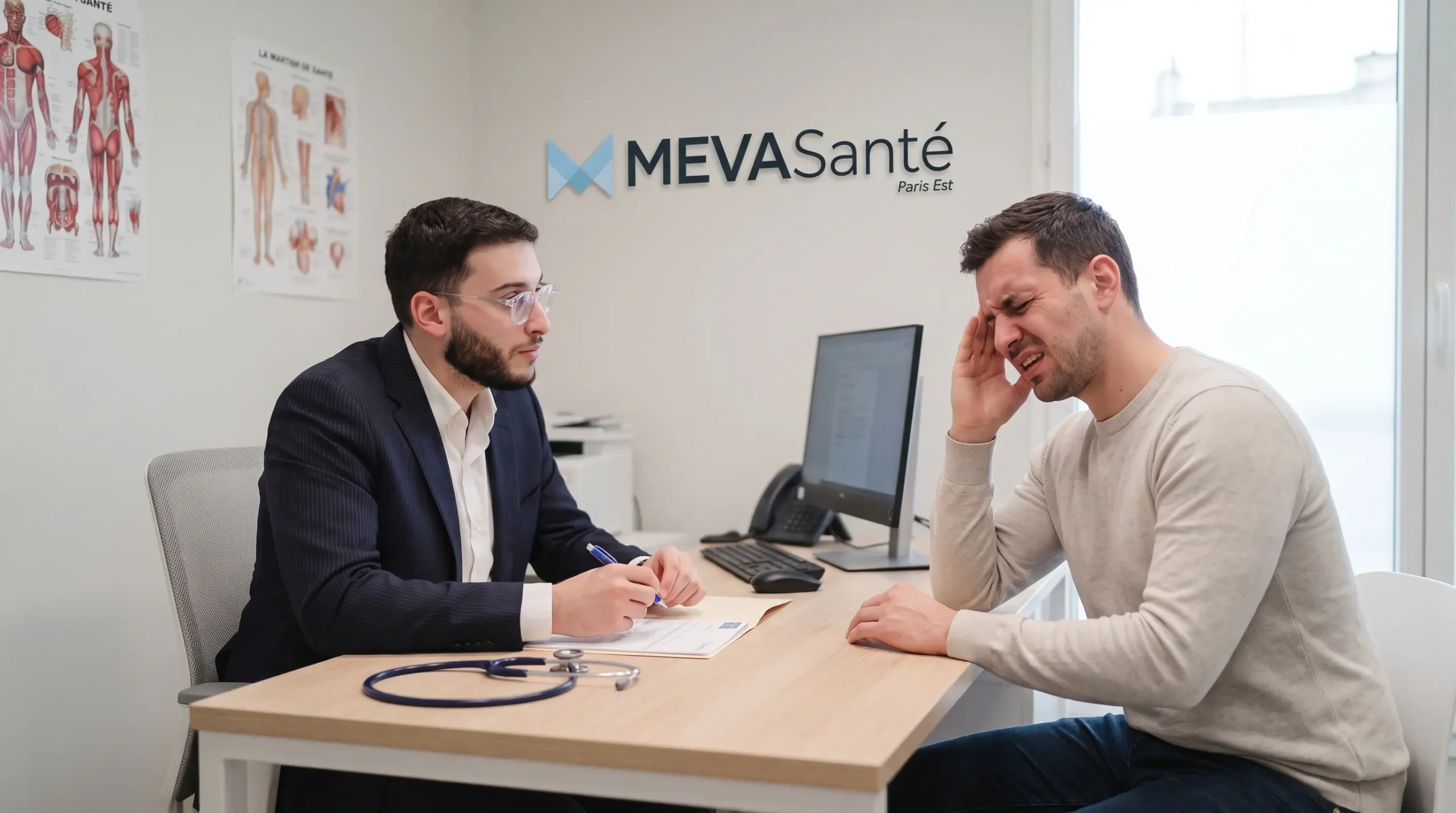 Patient discutant de son mal de tête avec un médecin au Centre MEVA Santé