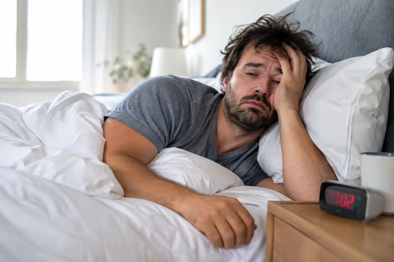 Homme fatigué au réveil, un signe possible d'apnée du sommeil