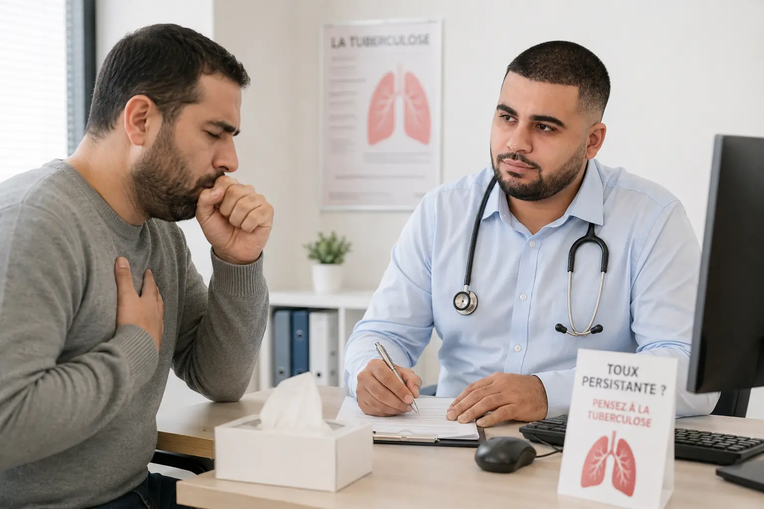 Patient consultant le Dr. Amoyal pour une toux persistante liée à la tuberculose.
